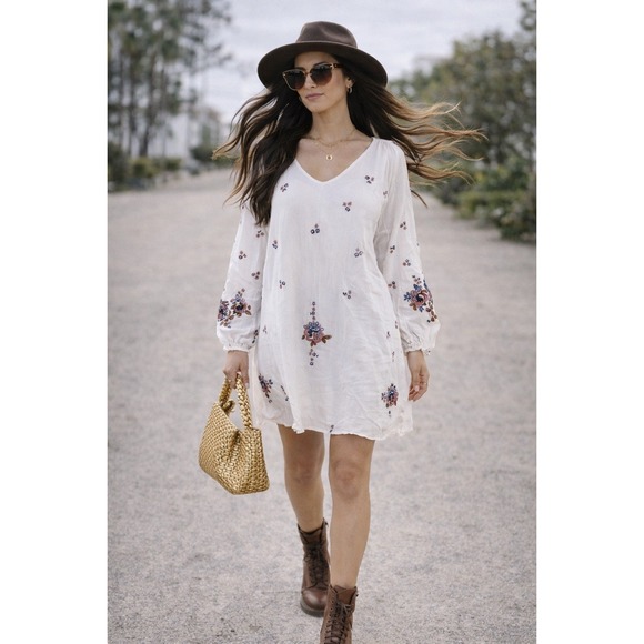FP1 NWT Free People Oxford Embroidered Mini Dress Retail $128 Cream Ivory Small - Picture 2 of 10